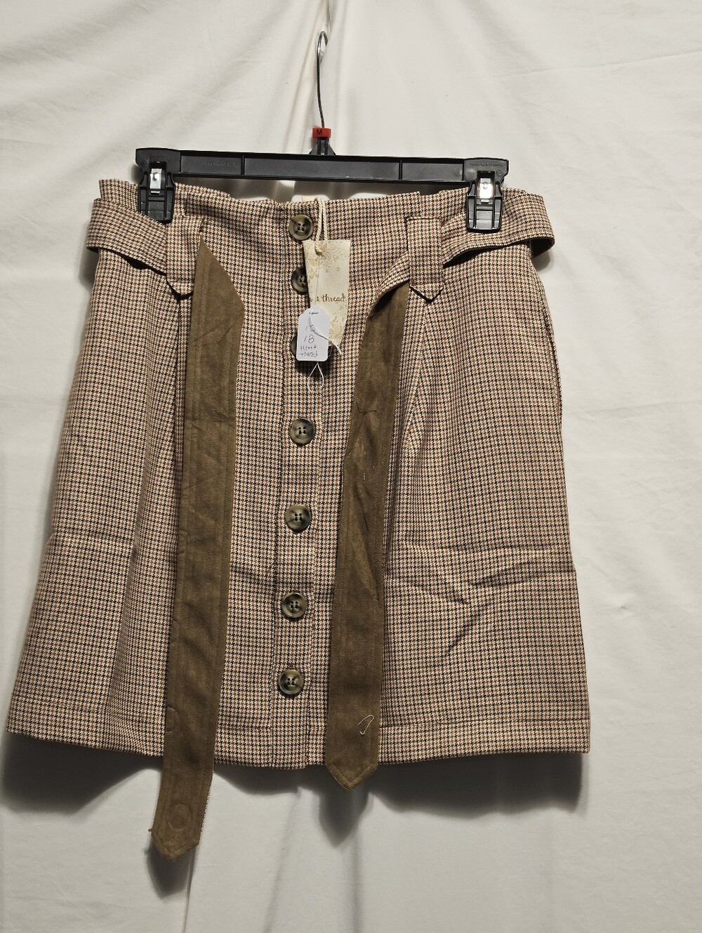 Hem & Thread Checked Button-Front Mini Skirt with Suede Tie - Brown